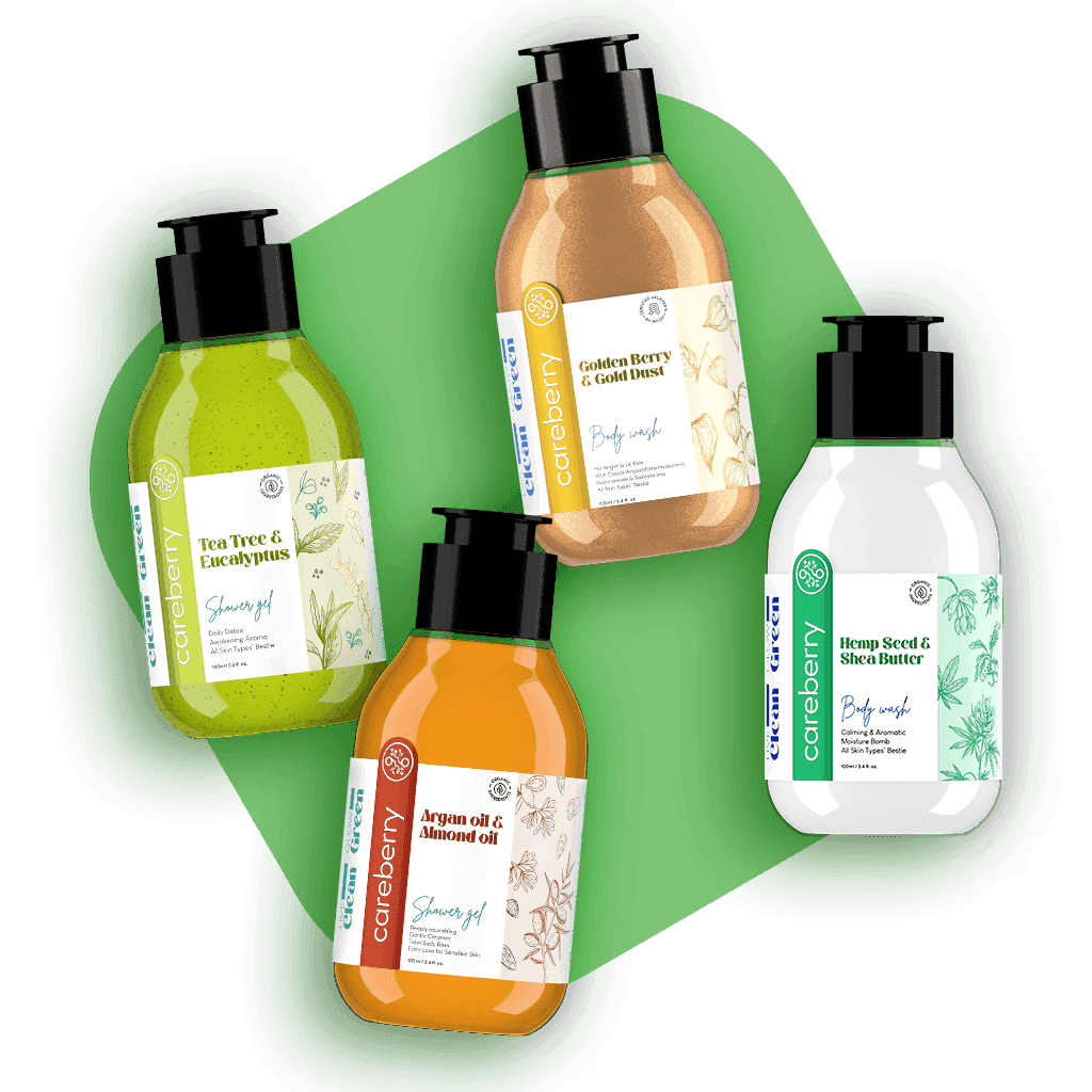 Pack of 4 Body Wash Combo - Hemp Seed, Tea Tree & Eucalyptus, Argan & Almond, Golden Berry & Gold Dust (100ml each)