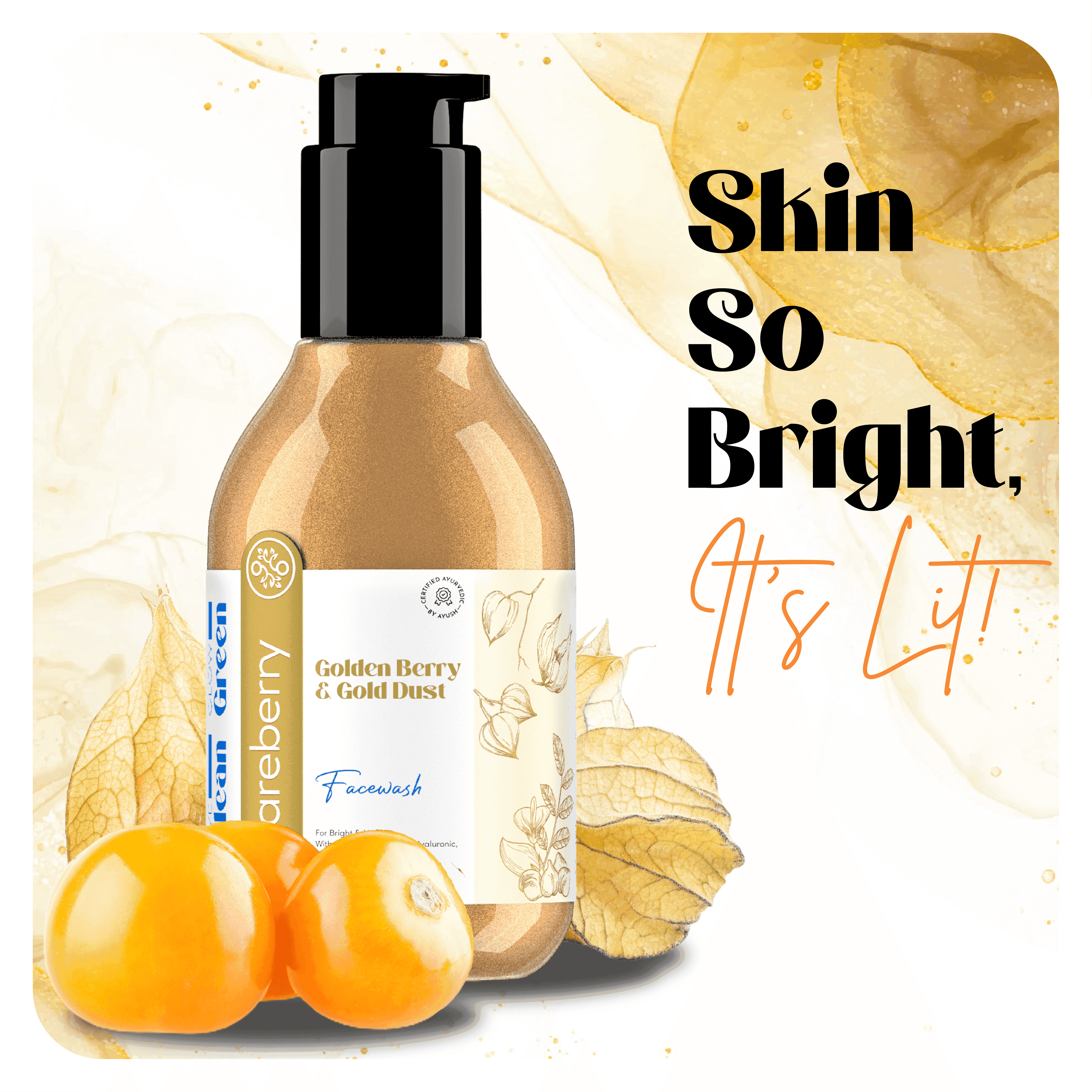 Careberry natural Golden Berry & Gold Dust face wash 100ml bottle with black pump dispenser and botanical label on clean white background.