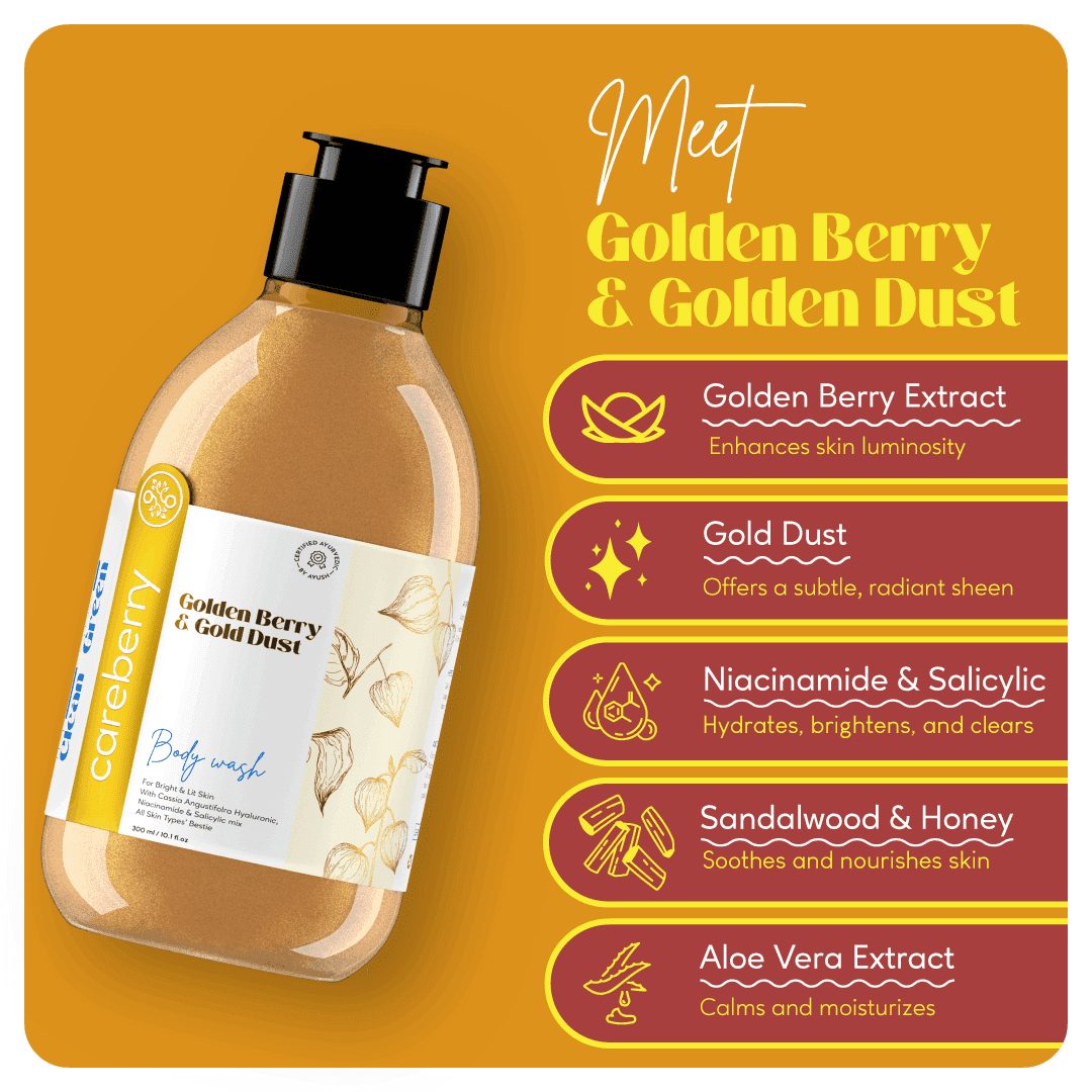 Careberry Golden Berry & Gold Dust body wash infographic on gold and red background displaying key benefits including skin brightening, gold shimmer, luxurious cleansing, and perfect for radiant glow.