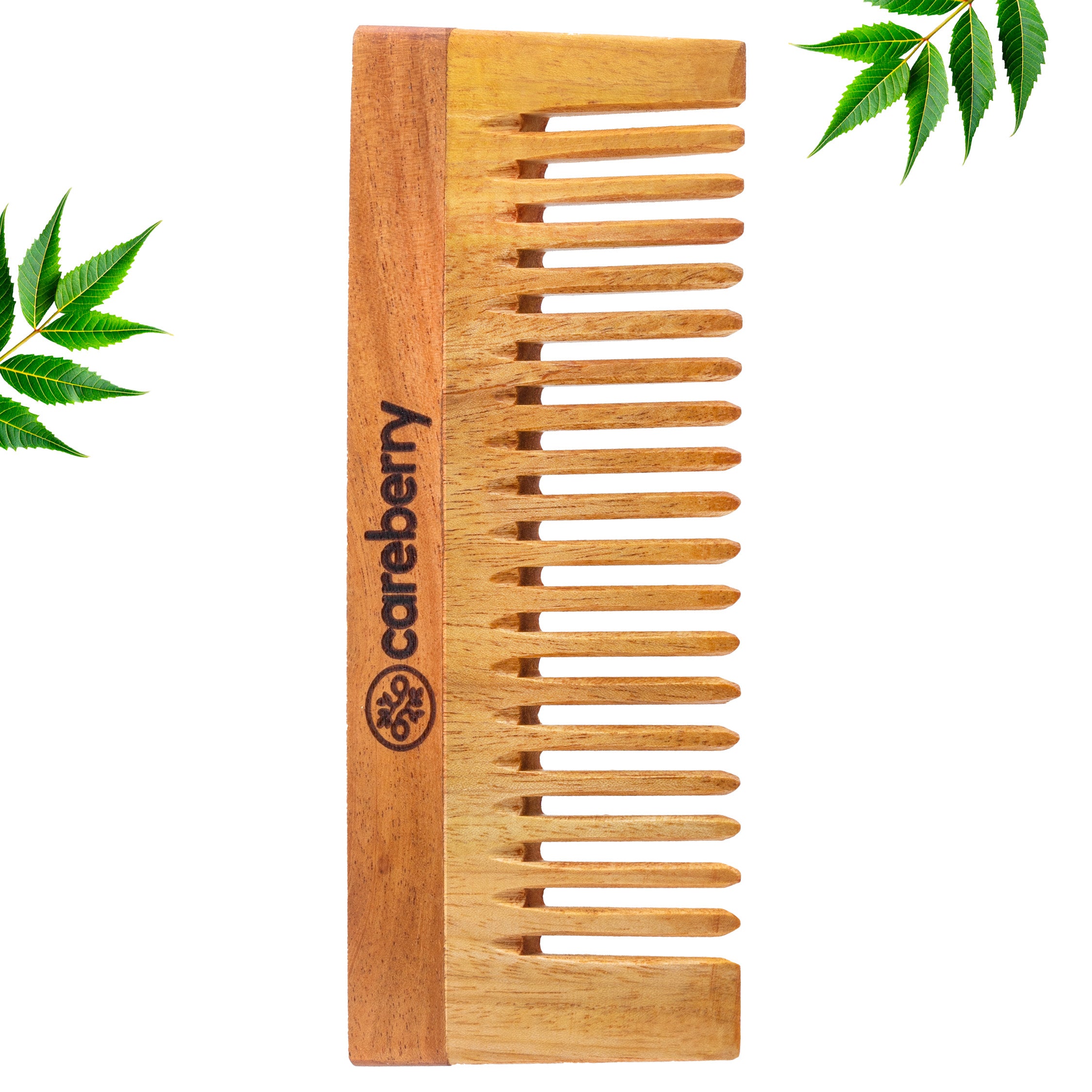 Close-up of Careberry neem wood comb with natural neem leaves, showing wide teeth design for gentle detangling and antibacterial scalp care.