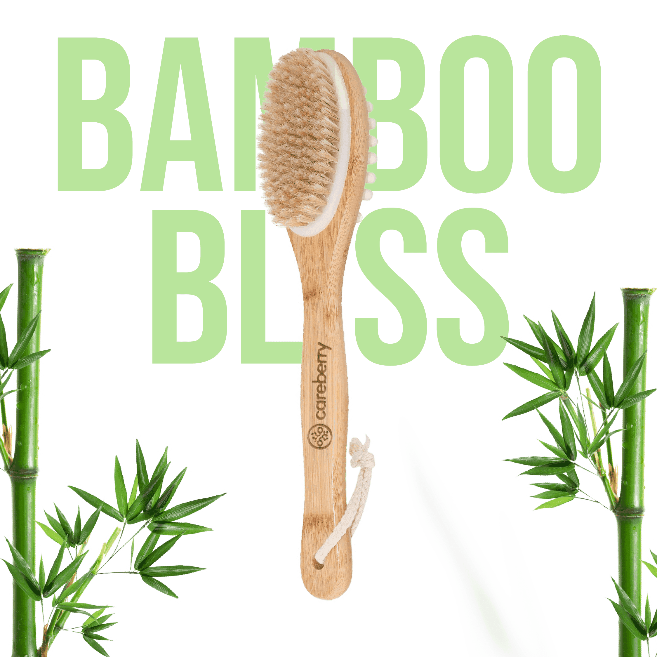 Careberry natural bamboo body brush with pink loop on white text "BAMBOO BLISS" background surrounded by fresh green bamboo stalks.