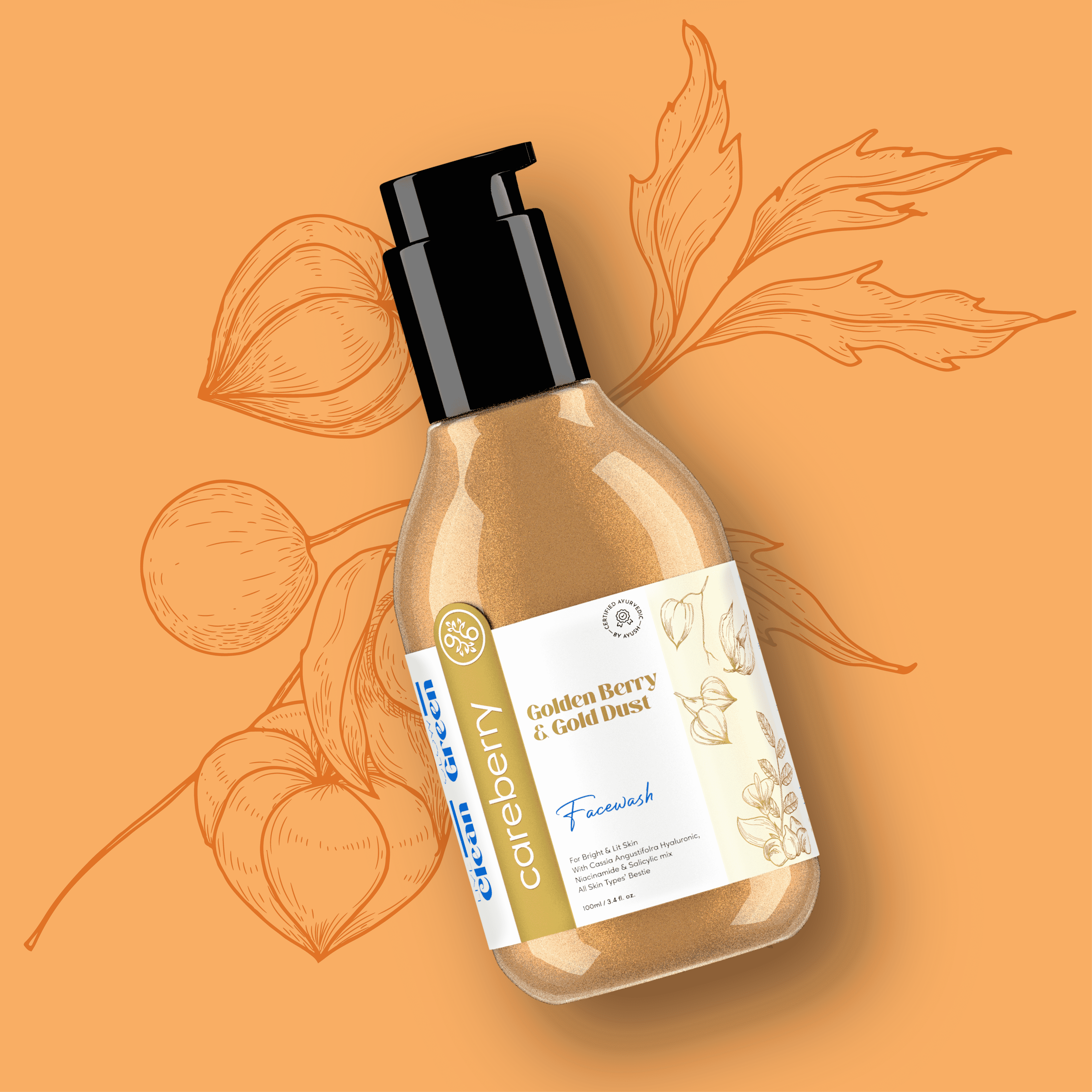  Careberry Golden Berry & Gold Dust face wash displaying key benefits including niacinamide, salicylic acid, sandalwood, honey, and aloe vera properties.
