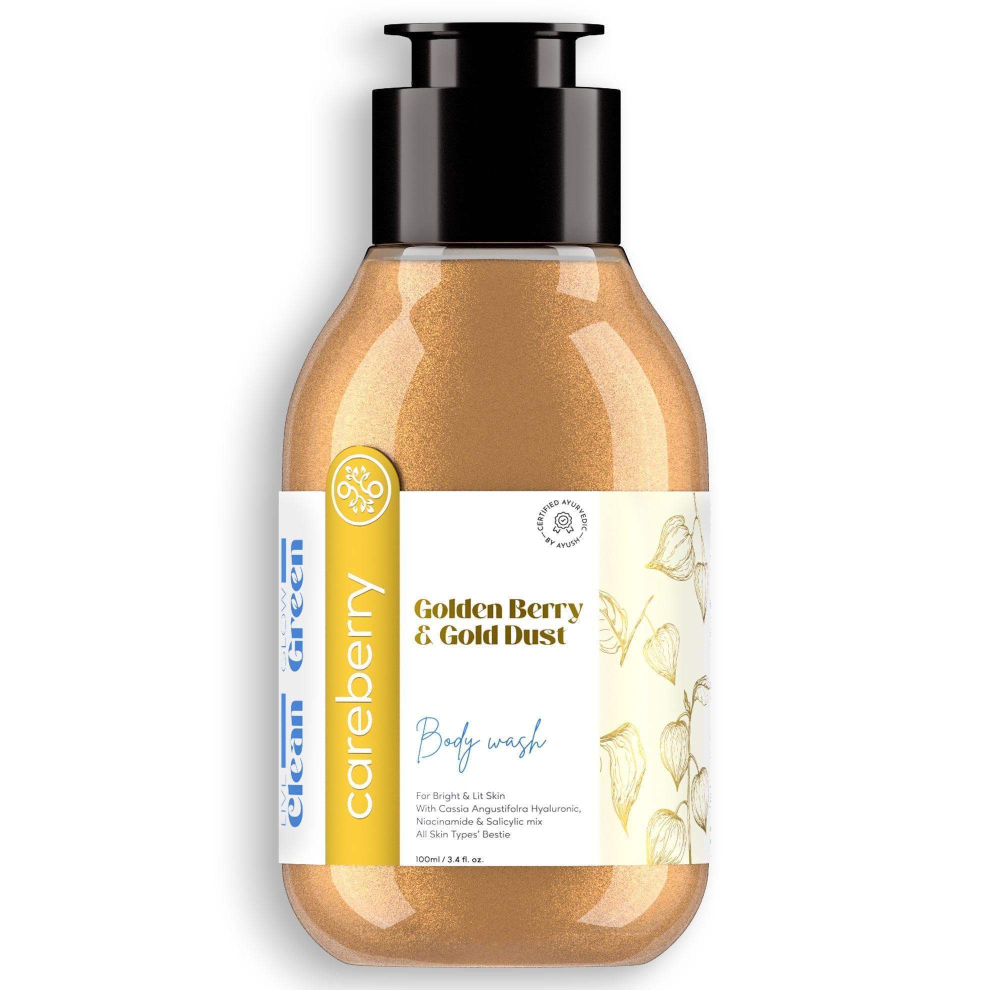 Careberry natural Golden Berry & Gold Dust body wash 100ml travel size bottle with black pump and white label on white background with soft shadow.