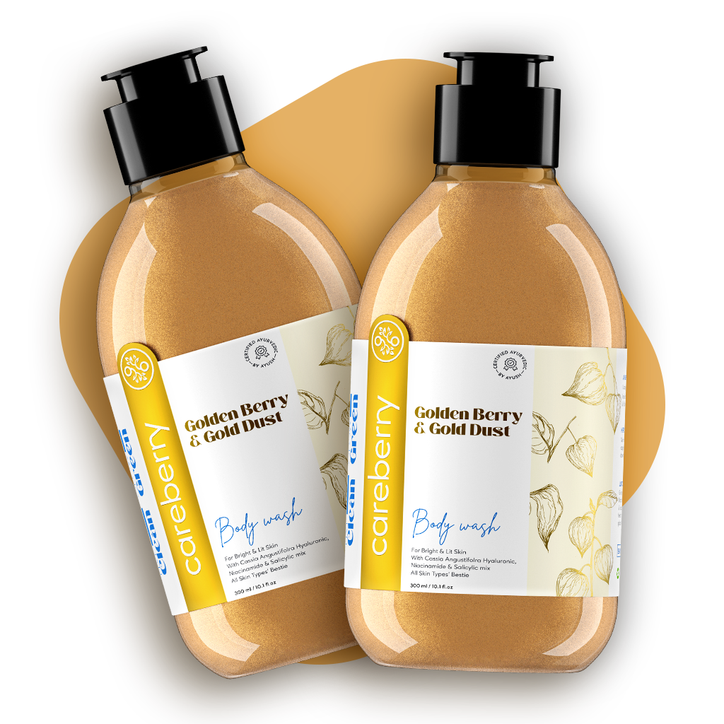 Careberry Golden Berry & Gold Dust natural body wash 300ml with black pump cap and white botanical label on neutral background.