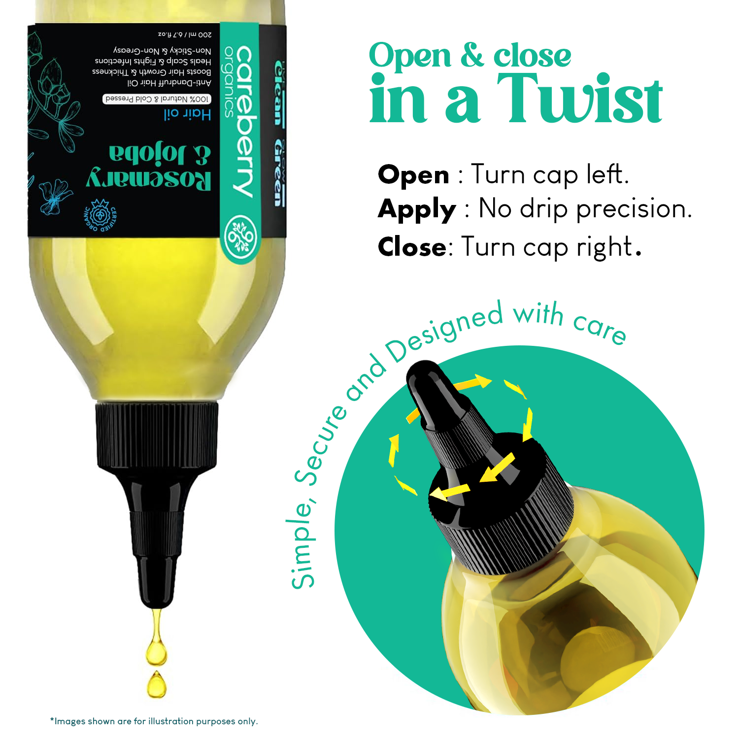 Instruction image showing how to twist open and close Careberry Rosemary & Jojoba Hair Oil’s precision applicator nozzle for mess-free scalp application.