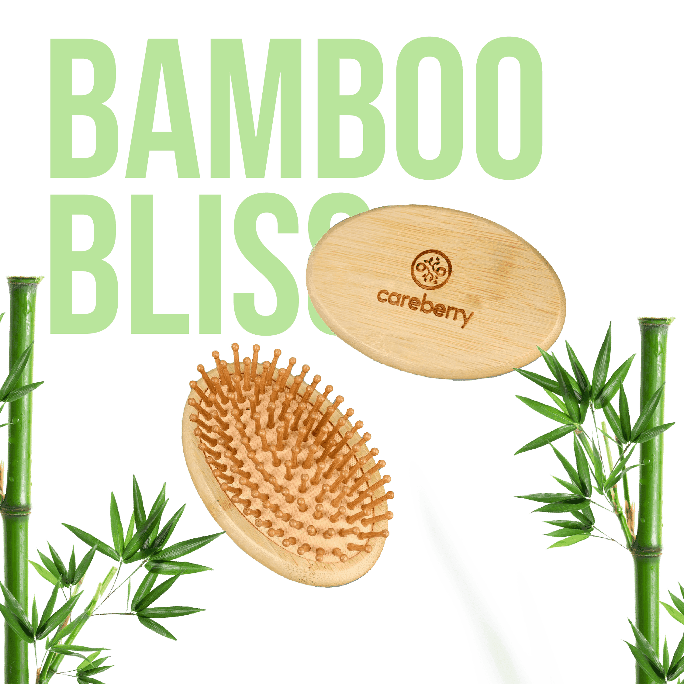 Careberry natural mini hair brush displayed on turquoise fabric with white flowers and wooden coaster on sage green background, eco lifestyle.