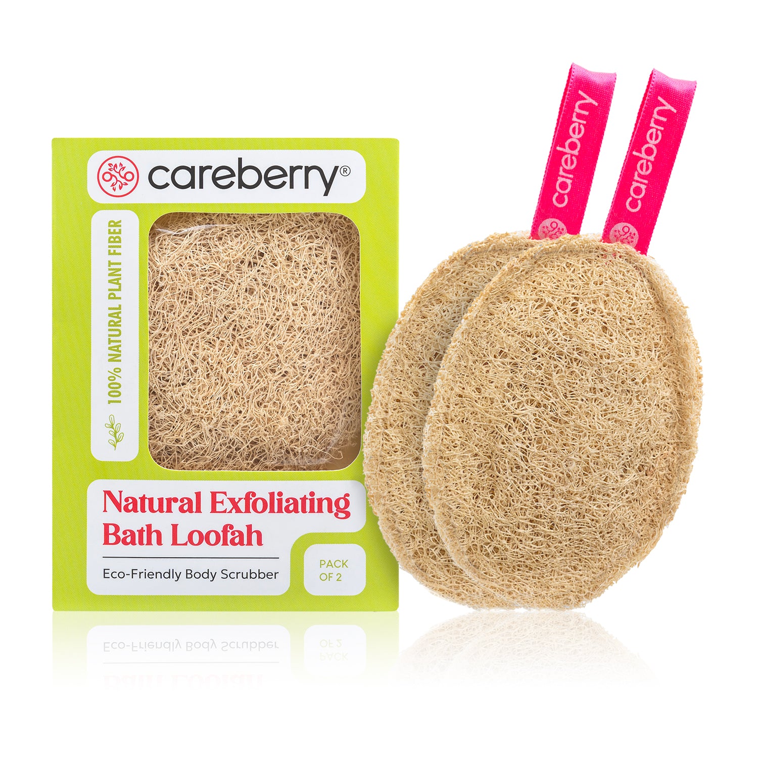 Two oval Careberry natural plant-fiber bath loofahs with pink branded hanging loops standing together on clean white background.