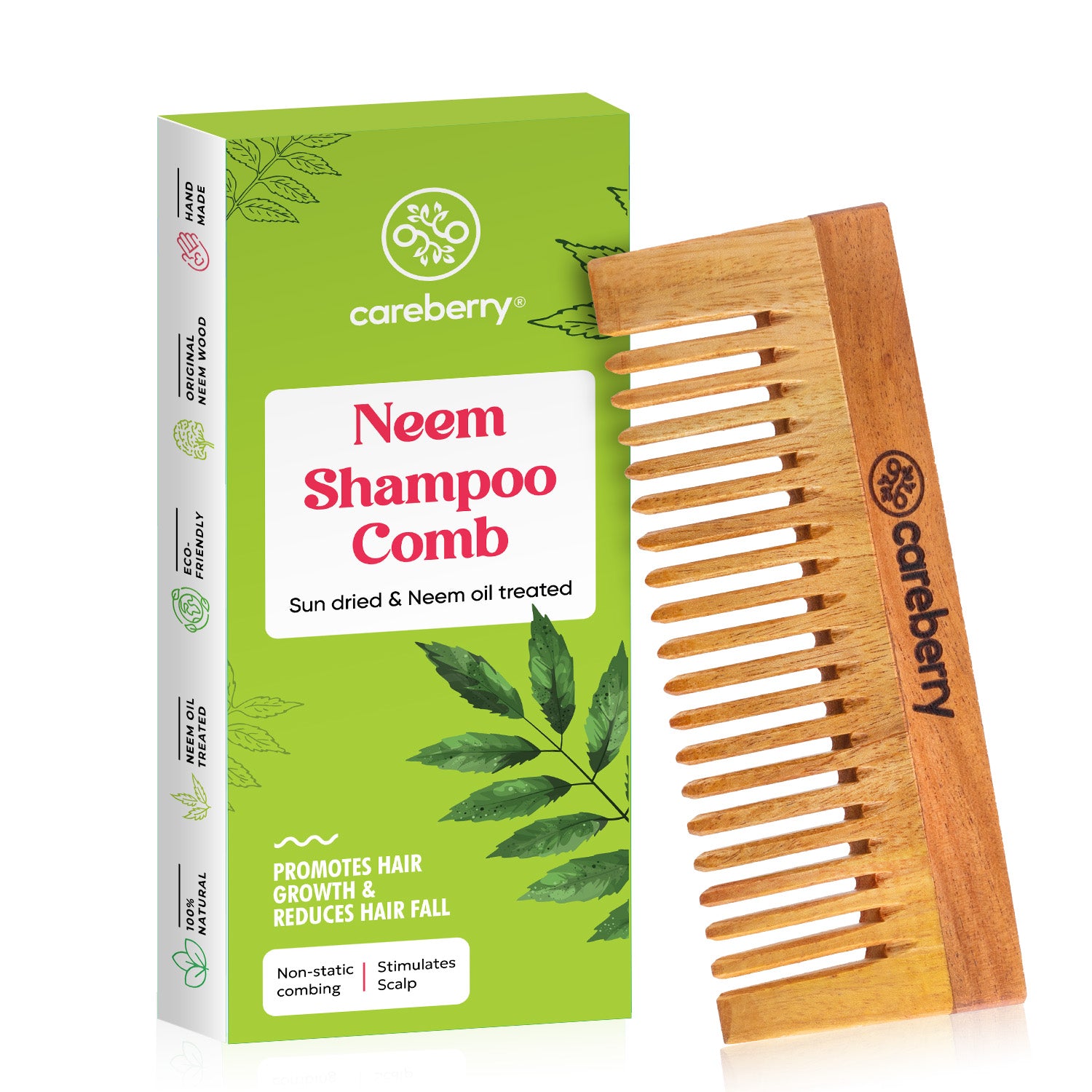 Careberry Neem Shampoo Comb with packaging, showing natural neem wood construction, hair growth benefits, and non-static combing.