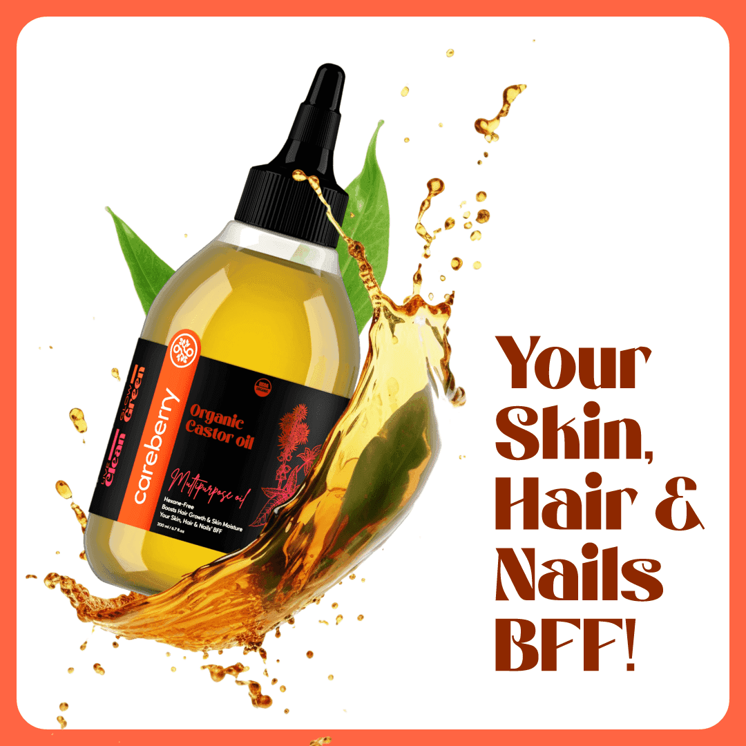 Careberry Organic Castor Oil bottle splashing with golden oil, showcasing its multipurpose benefits for skin, hair, and nails.