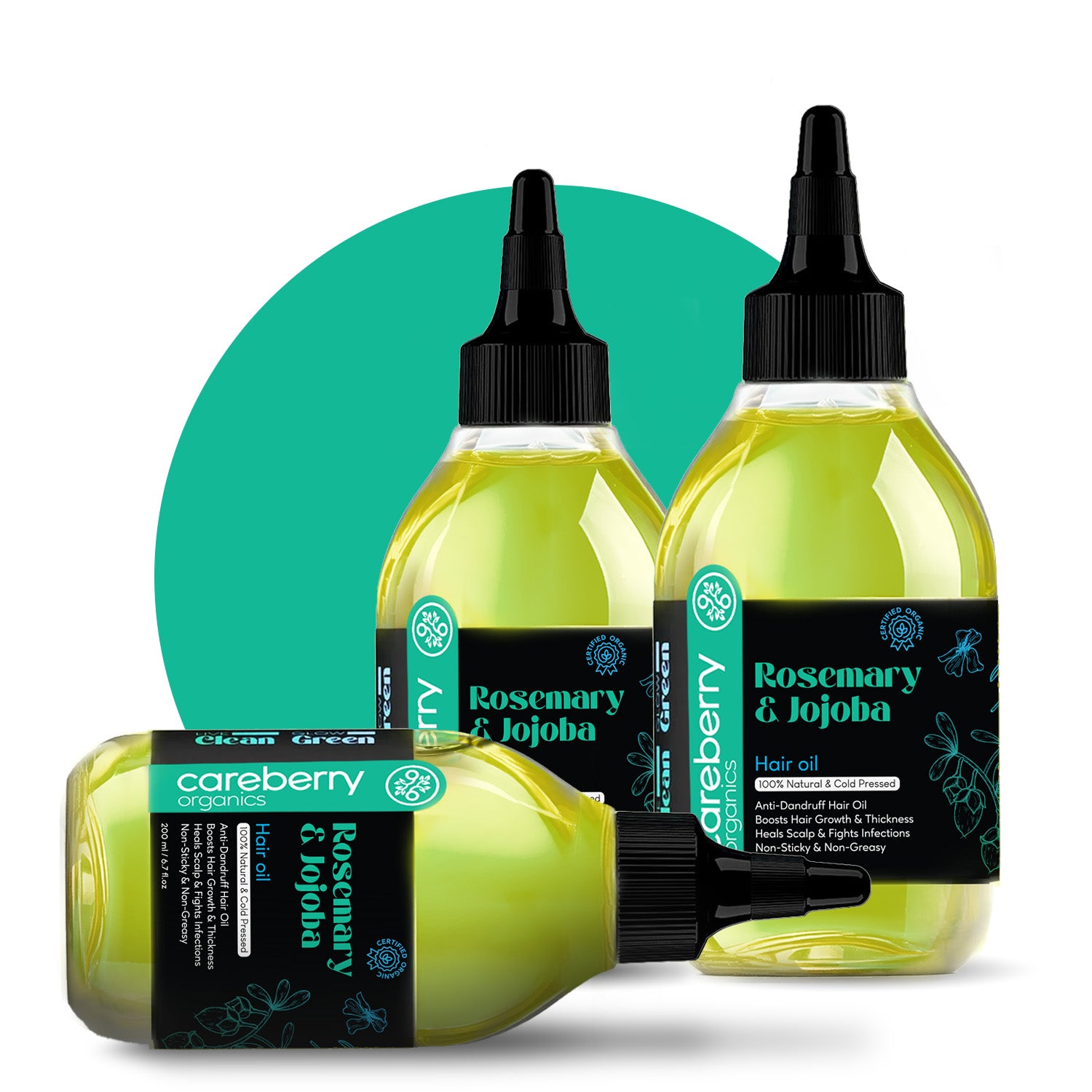 Three bottles of Careberry Rosemary & Jojoba hair oil displayed together; Ayurvedic anti-dandruff, scalp-healing, and hair-growth oil pack.