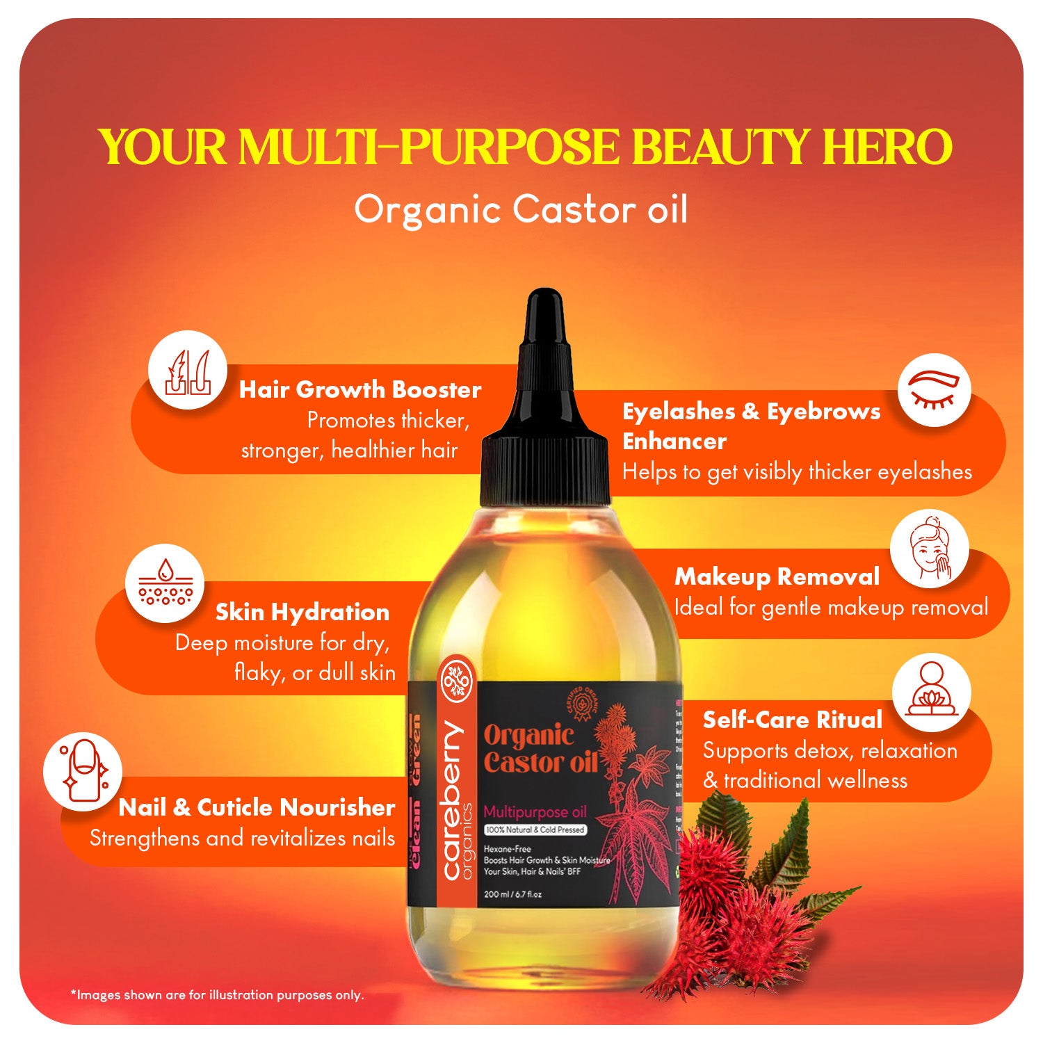Careberry Organic Castor Oil multi-purpose uses – hair growth booster, eyelash and eyebrow enhancer, skin hydration, makeup removal and nail nourishment.