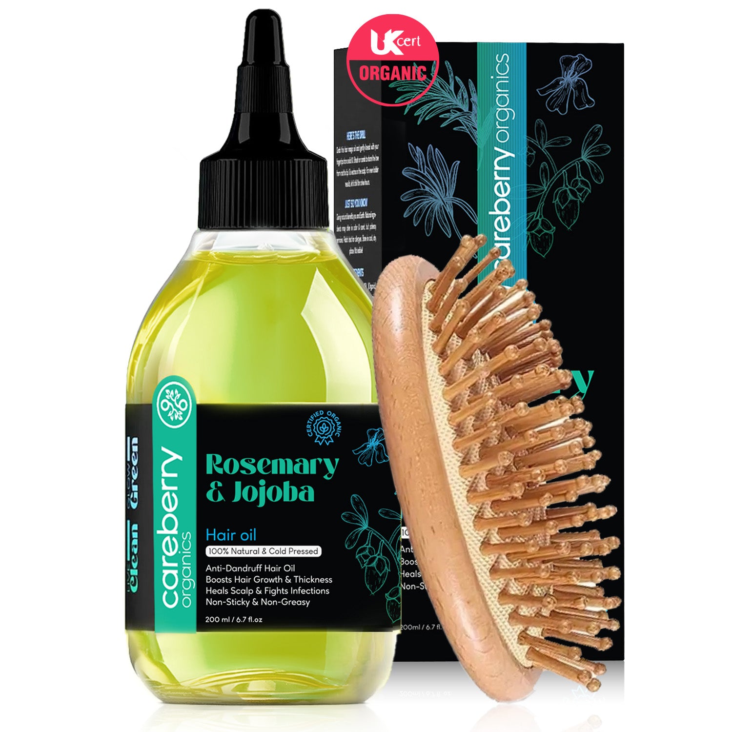careberry rosemary and jojoba hair oil with mini hair brush and scalp massager